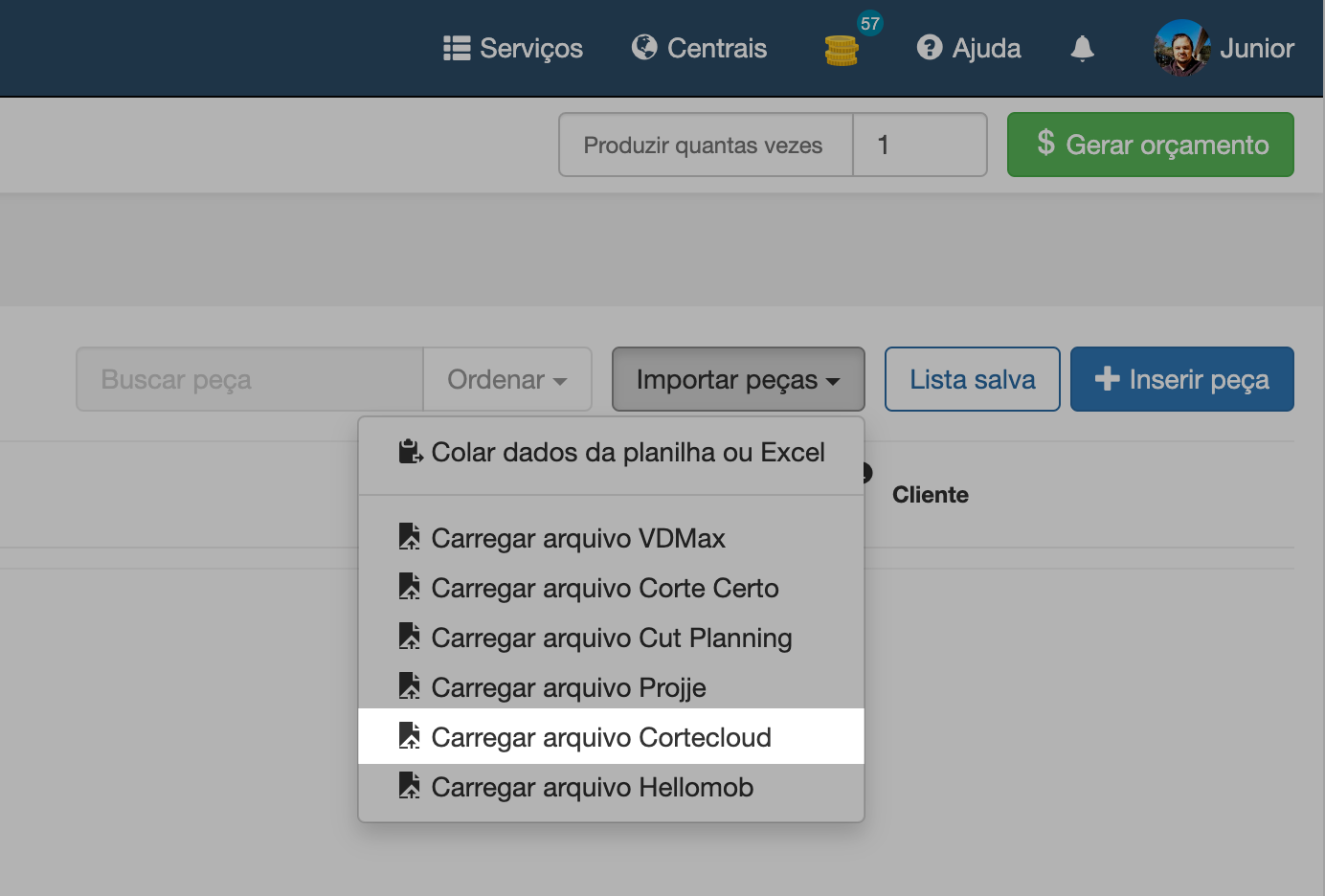 Importar peças (import parts) menu with the Carregar arquivo Cortecloud (load Cortecloud file) option highlighted