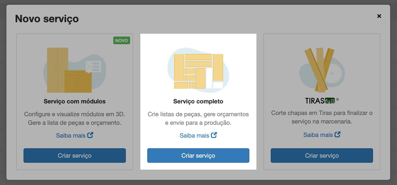 Cortecloud new service screen with the options Serviço com módulos (service with modules), Serviço completo (complete service) and Tiras (strips)